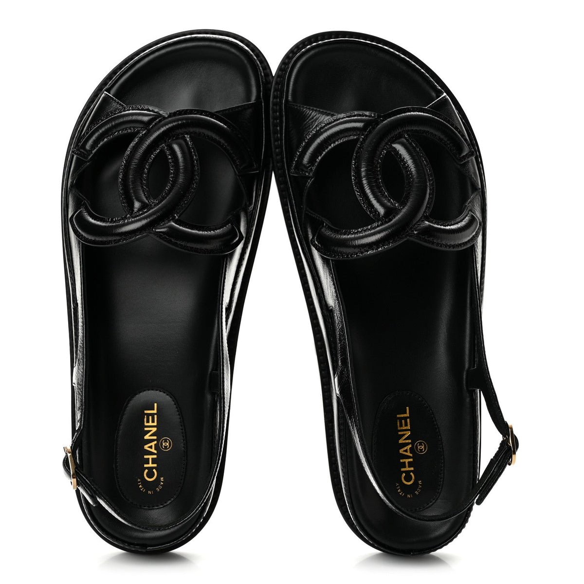 Chanel Crumpled Shiny Lambskin Women's CC Cut Out Dad Sandals 39 Black