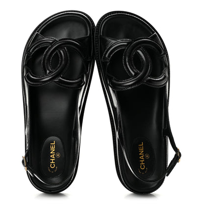 Chanel Crumpled Shiny Lambskin Women's CC Cut Out Dad Sandals 39 Black