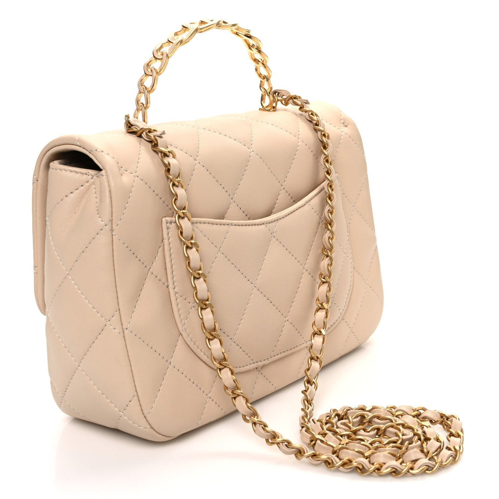 Chanel Lambskin Quilted Metal Enamel Top Handle Flap Beige