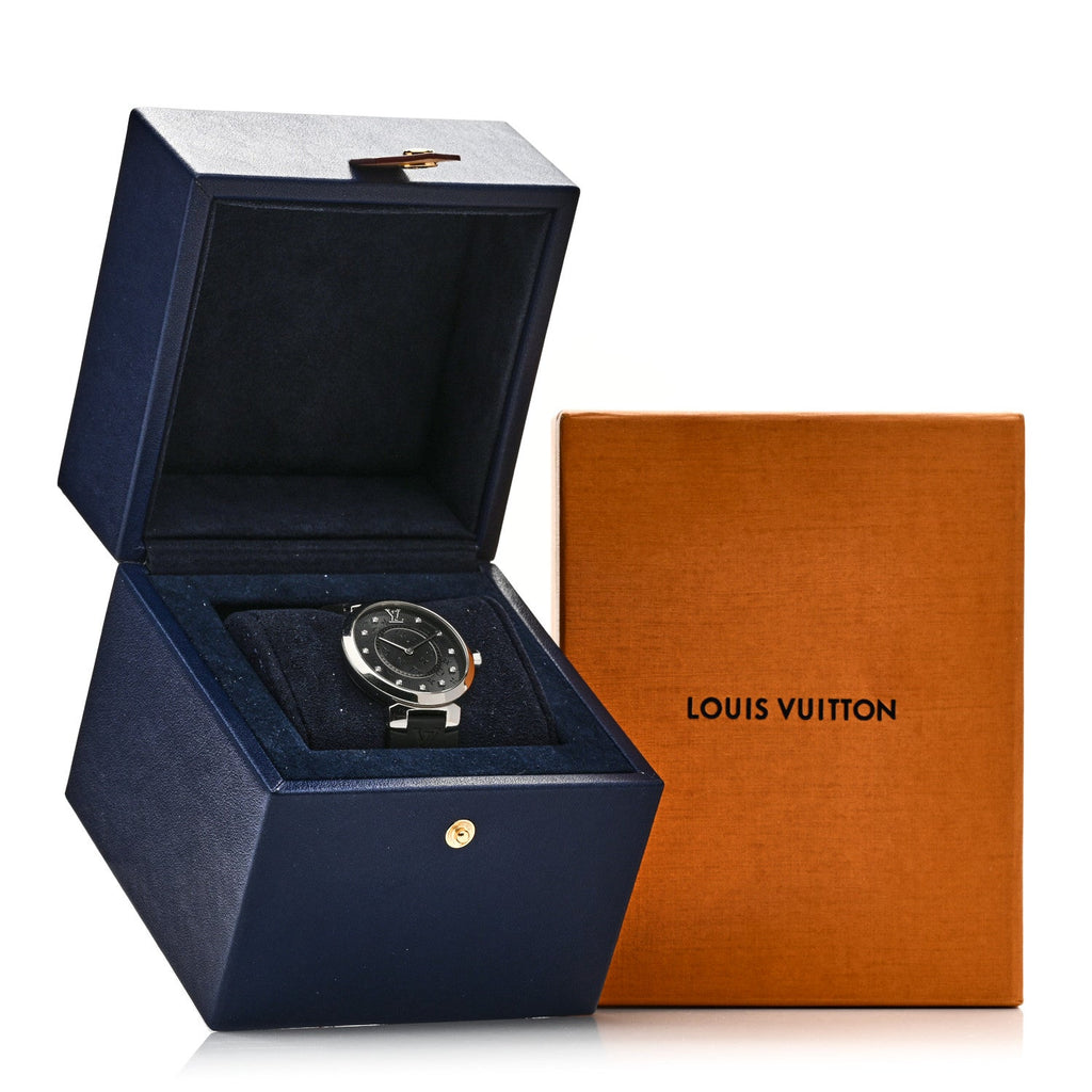 Louis Vuitton Stainless Steel Rubber Diamond 33mm Tambour Slim Quartz Watch Black