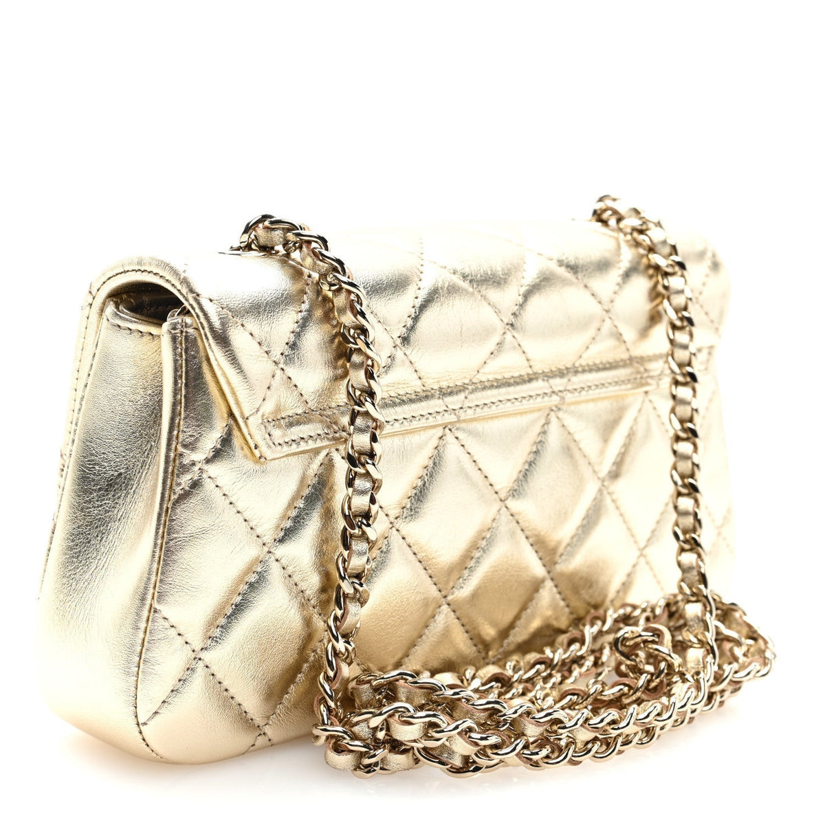 Chanel Metallic Lambskin Quilted Flap Phone Holder With Chain Gold