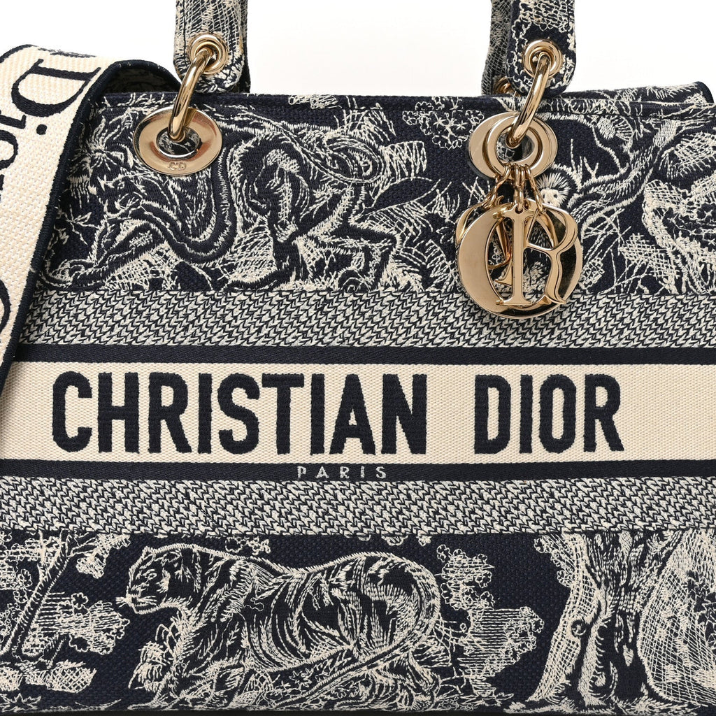 Christian Dior Toile de Jouy Embroidered Large Lady D-Lite Navy