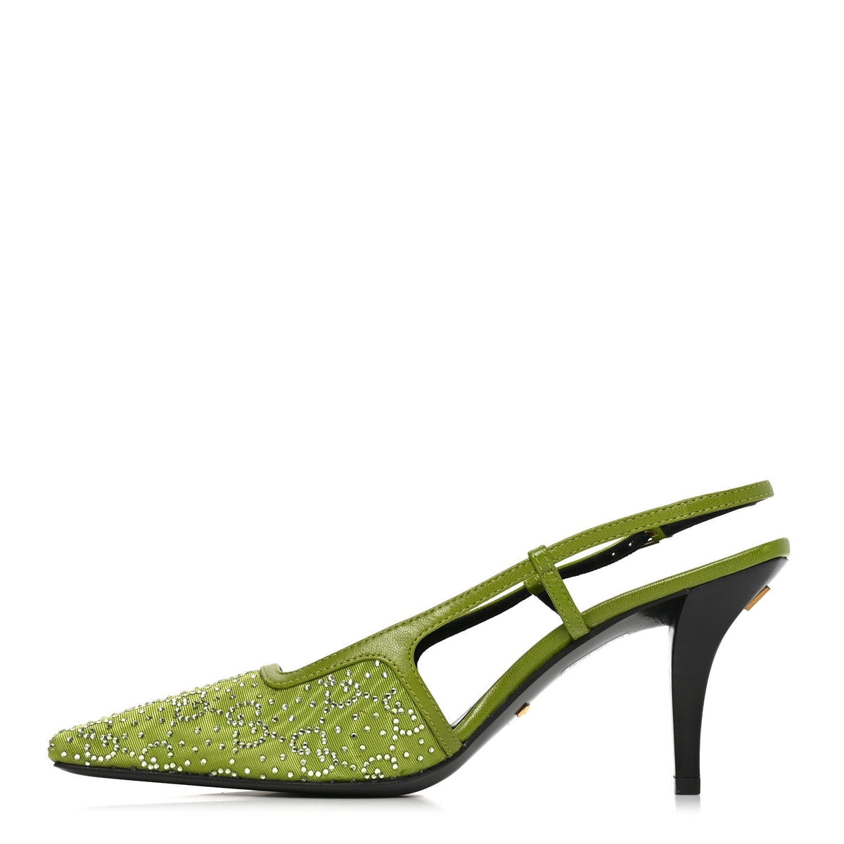Gucci Moire Fabric Women's Crystal GG Slingback Pumps 37 Lemon Leaf