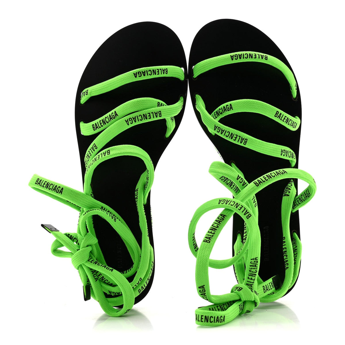 Balenciaga Nylon Calfskin Women's Logo Lace Flat Sandals 37 Neon Green