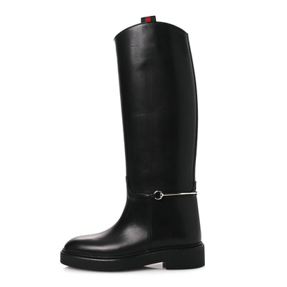 Gucci Shiny Calfskin Women's Michelangelo Slim Horsebit Riding Boots 38 Black