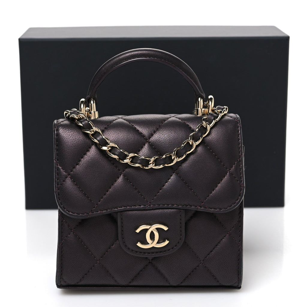 Chanel Iridescent Lambskin Quilted Top Handle Clutch With Chain Bordeaux