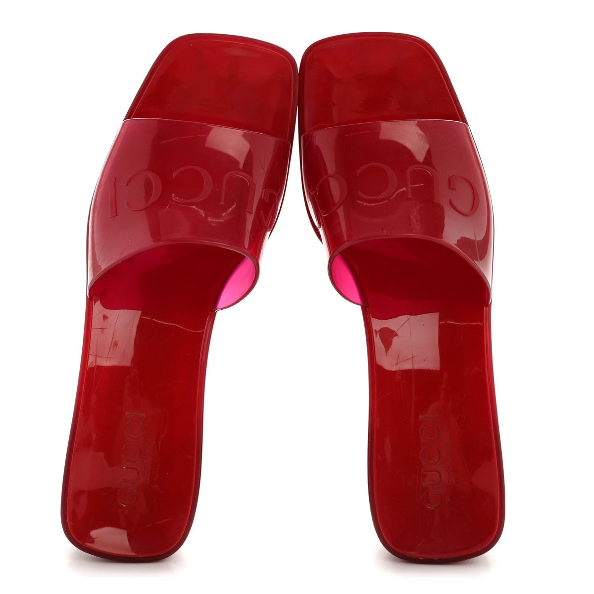 Gucci Rubber Logo Women's Platform Slide Sandals 38 Transparent Hibiscus Red