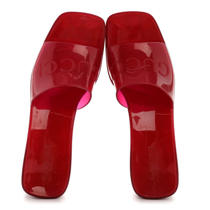Gucci Rubber Logo Women's Platform Slide Sandals 38 Transparent Hibiscus Red