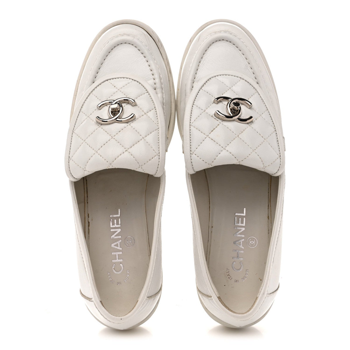 Chanel Shiny Lambskin Women's Quilted CC Turnlock Loafers 40 White