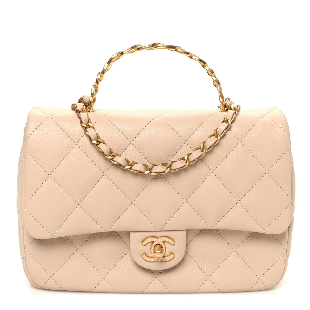 Chanel Lambskin Quilted Metal Enamel Top Handle Flap Beige