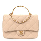 Chanel Lambskin Quilted Metal Enamel Top Handle Flap Beige