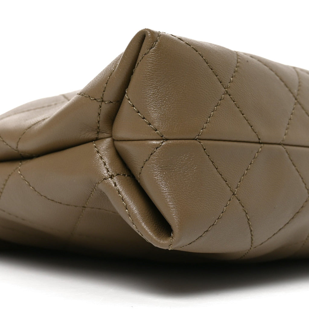 Chanel Lambskin Quilted Drawstring Shopping Bag Dark Khaki