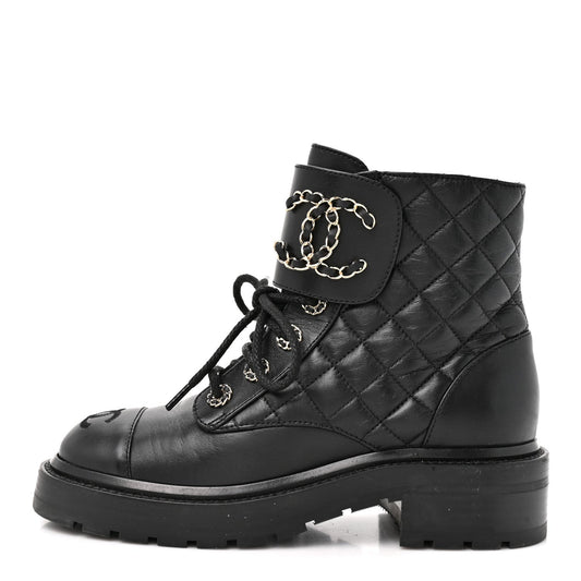 Shiny Goatskin Calfskin Quilted Lace Up Combat Boots Black