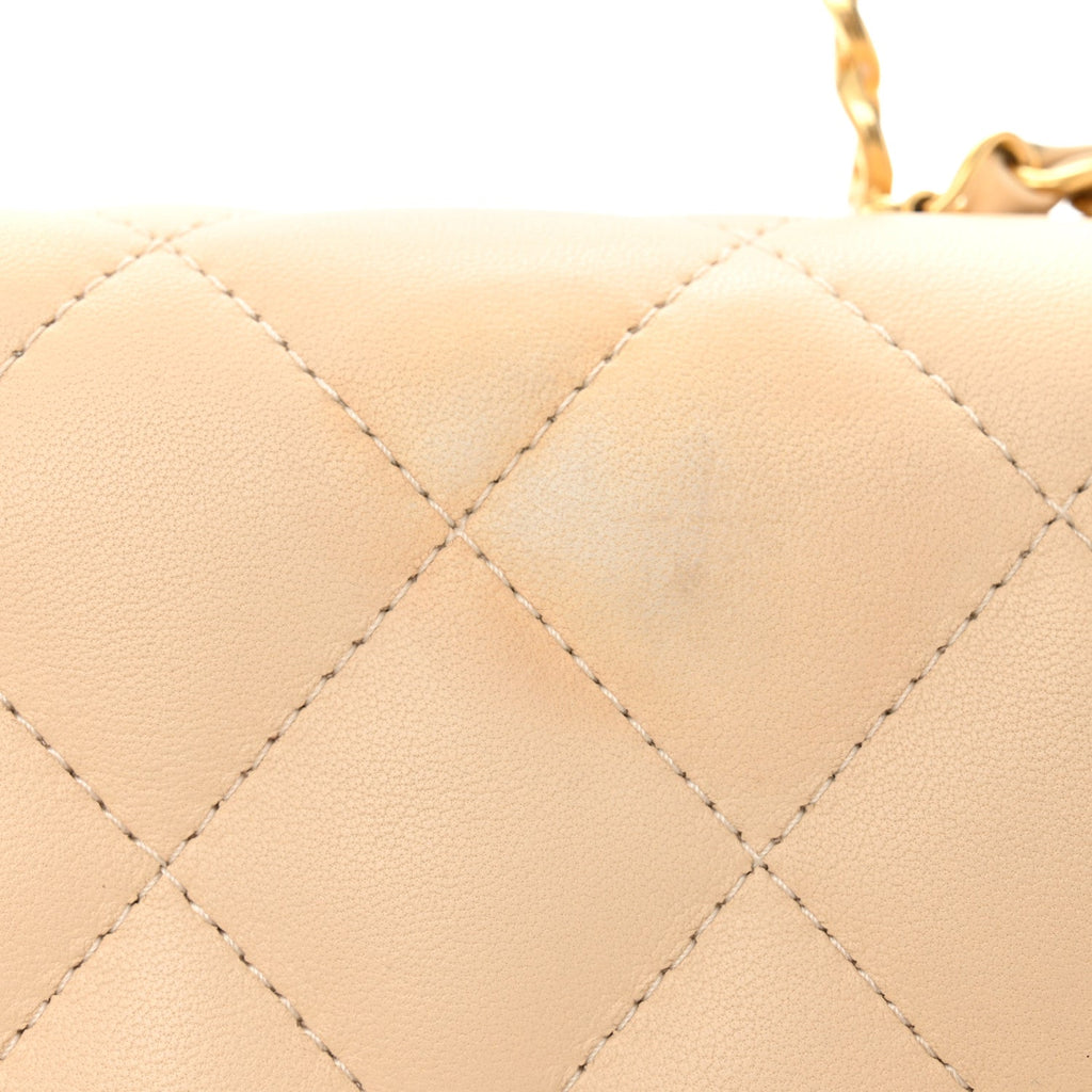 Chanel Lambskin Quilted Metal Enamel Top Handle Flap Beige