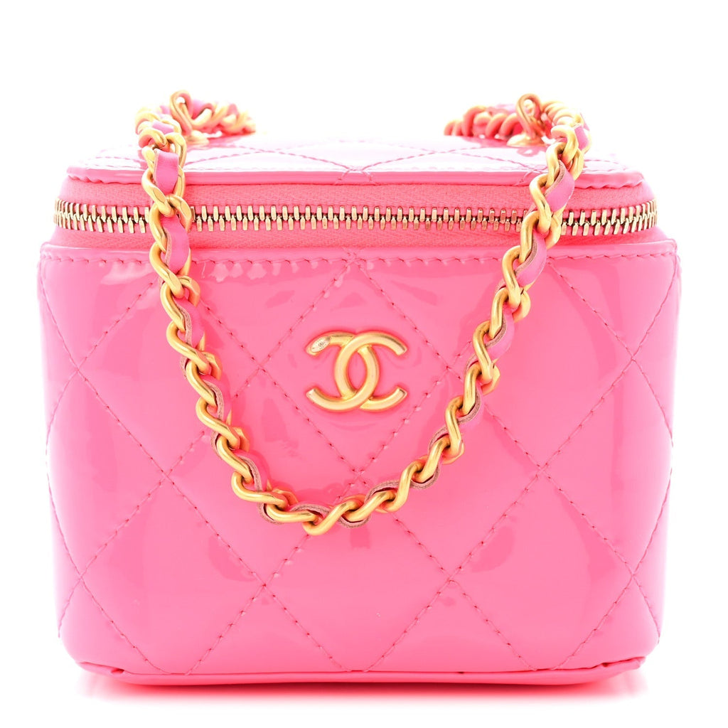 Chanel Patent Quilted Mini Pearl Crush Vanity Case Neon Pink