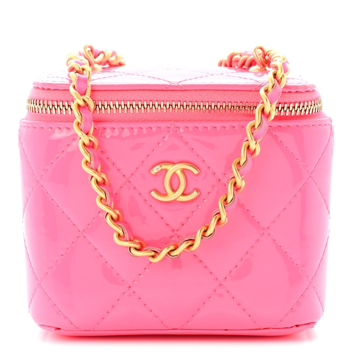 Chanel Patent Quilted Mini Pearl Crush Vanity Case Neon Pink