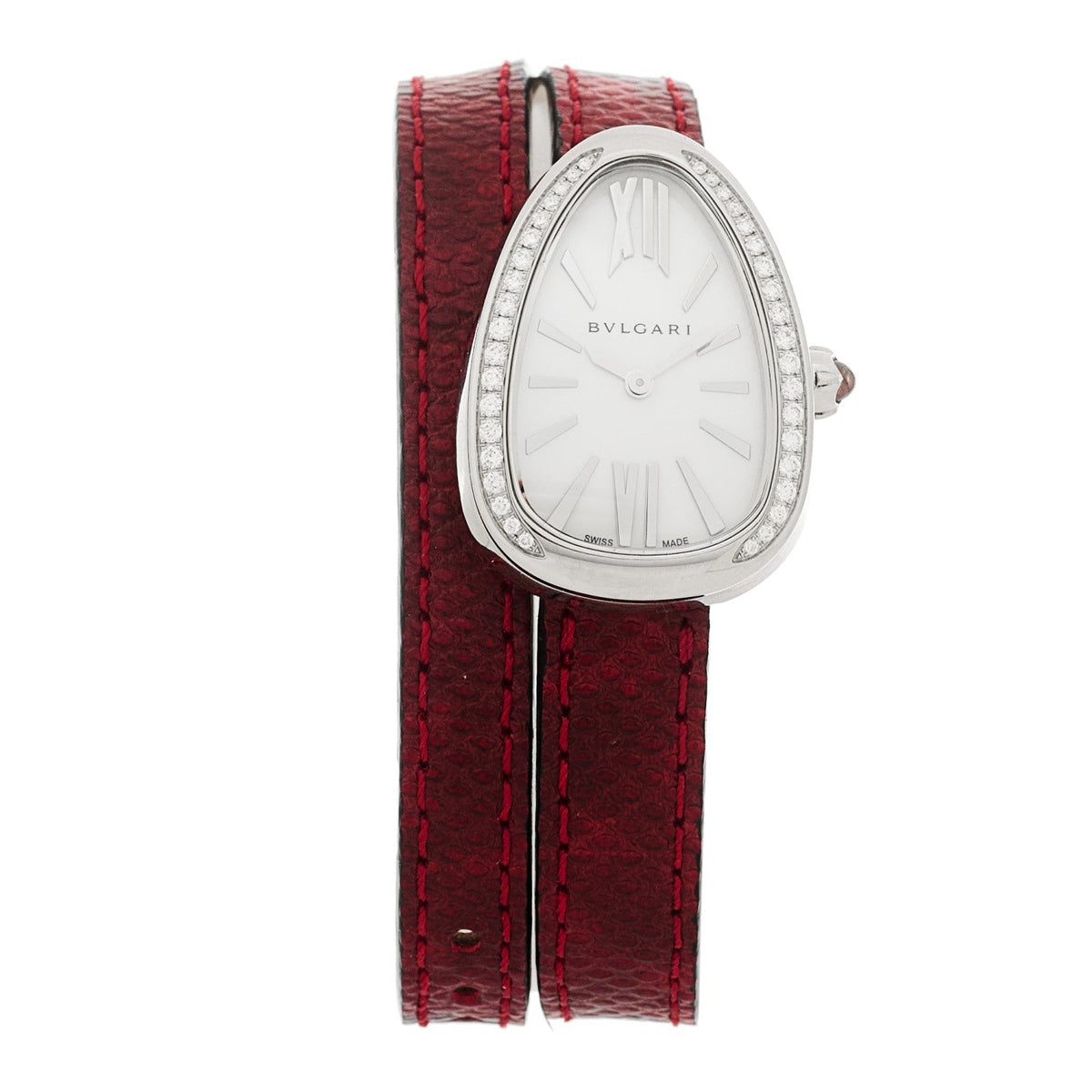 Bulgari Stainless Steel Diamond Mother of Pearl 32mm Serpenti Watch Red