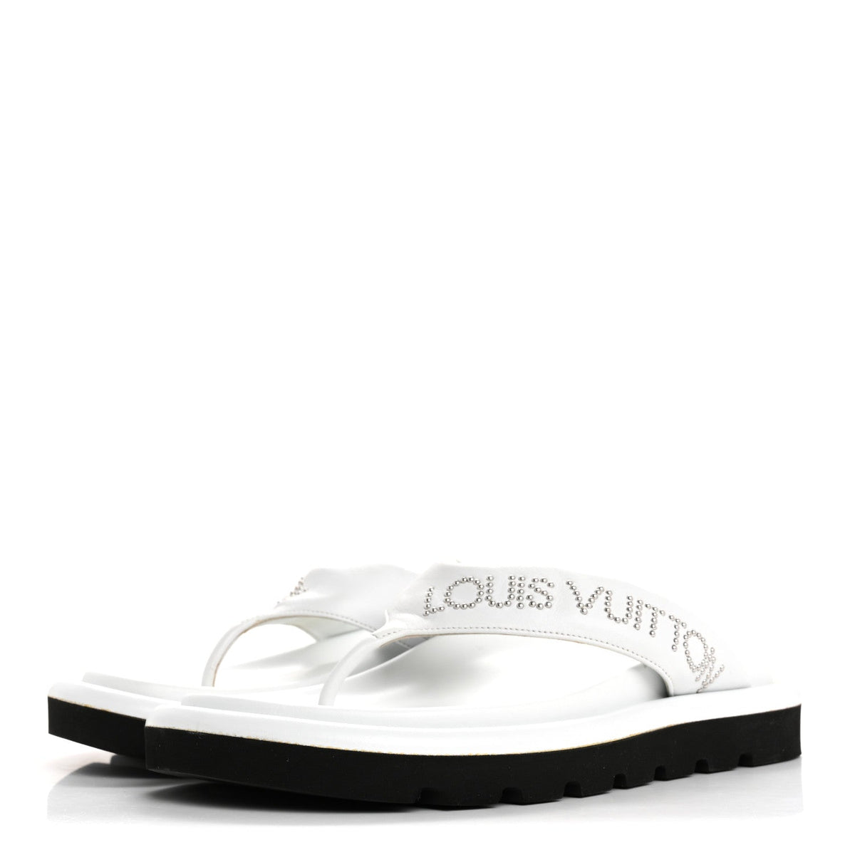 Louis Vuitton Calfskin Women's Logo Studded Pillow Flat Sandals 35 White