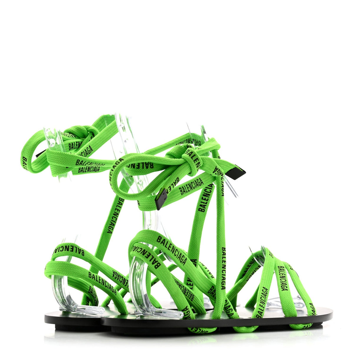 Balenciaga Nylon Calfskin Women's Logo Lace Flat Sandals 37 Neon Green