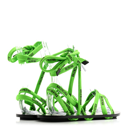 Balenciaga Nylon Calfskin Women's Logo Lace Flat Sandals 37 Neon Green