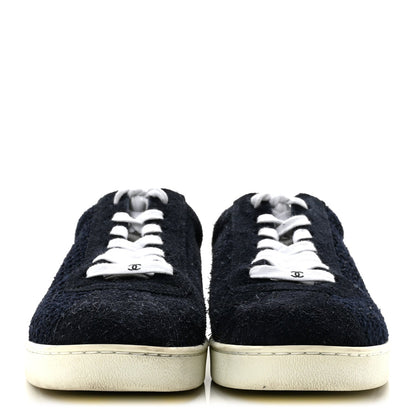 Chanel Tweed Suede Women's CC Low Top Sneakers 40.5 Navy