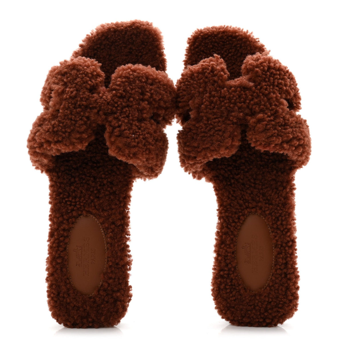 Hermes Woolskin Women's Oran Sandals 37 Cognac
