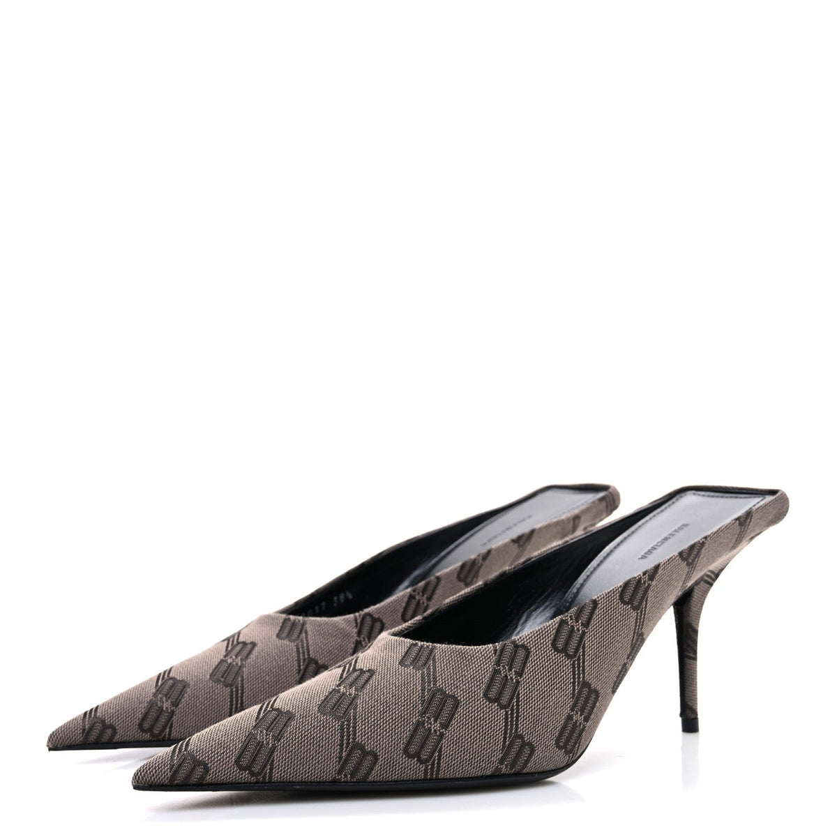 Balenciaga Monogram Canvas Women's Square Knife 80mm Mules 38.5 Dark Mink Grey Dark Brown