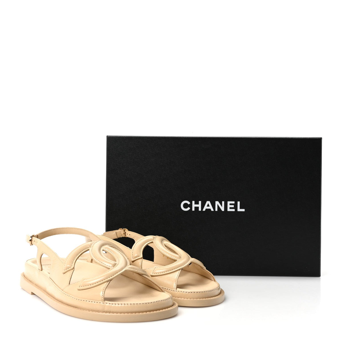 Chanel Shiny Crumpled Lambskin CC Cut Out Women's Sandals Beige