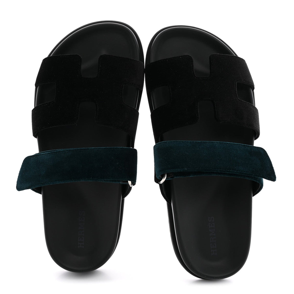 Hermes Velvet Women's Chypre Sandals 36 Black Vert Mousse