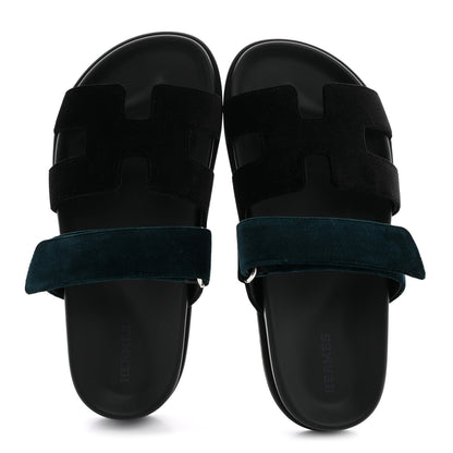 Hermes Velvet Women's Chypre Sandals 36 Black Vert Mousse