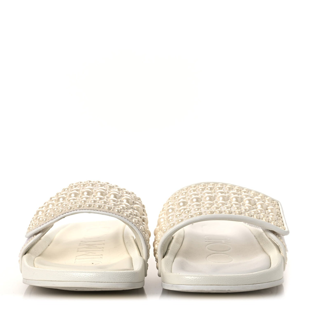 Jimmy Choo Canvas Rubber Women's Pearl Embellished Fitz Slide Sandals 37 White