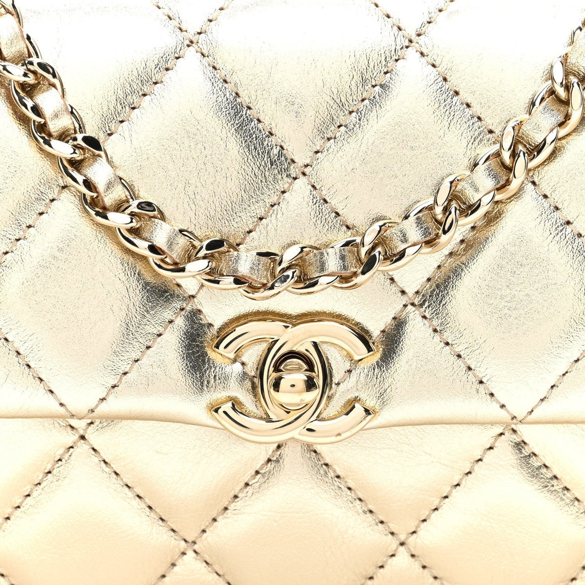Chanel Metallic Lambskin Quilted Flap Phone Holder With Chain Gold