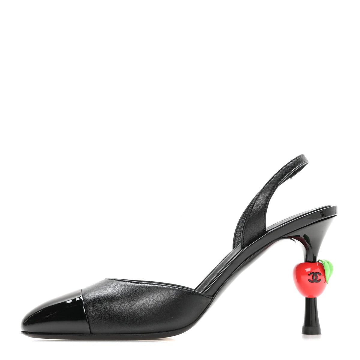 Lambskin Patent Calfskin Cap Toe CC Apple Slingback Pumps Black