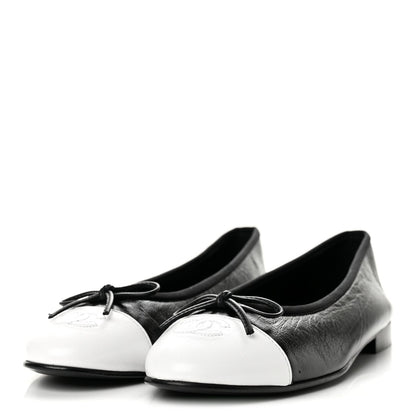Chanel Crumpled Lambskin CC Cap Toe Women's Ballerina Flats Black White