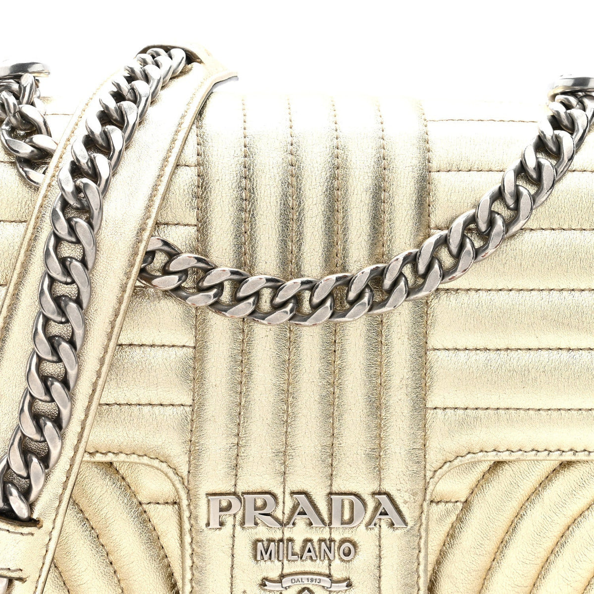 Prada Metallic Nappa Impunture Diagramme Medium Chain Flap Shoulder Bag Gold