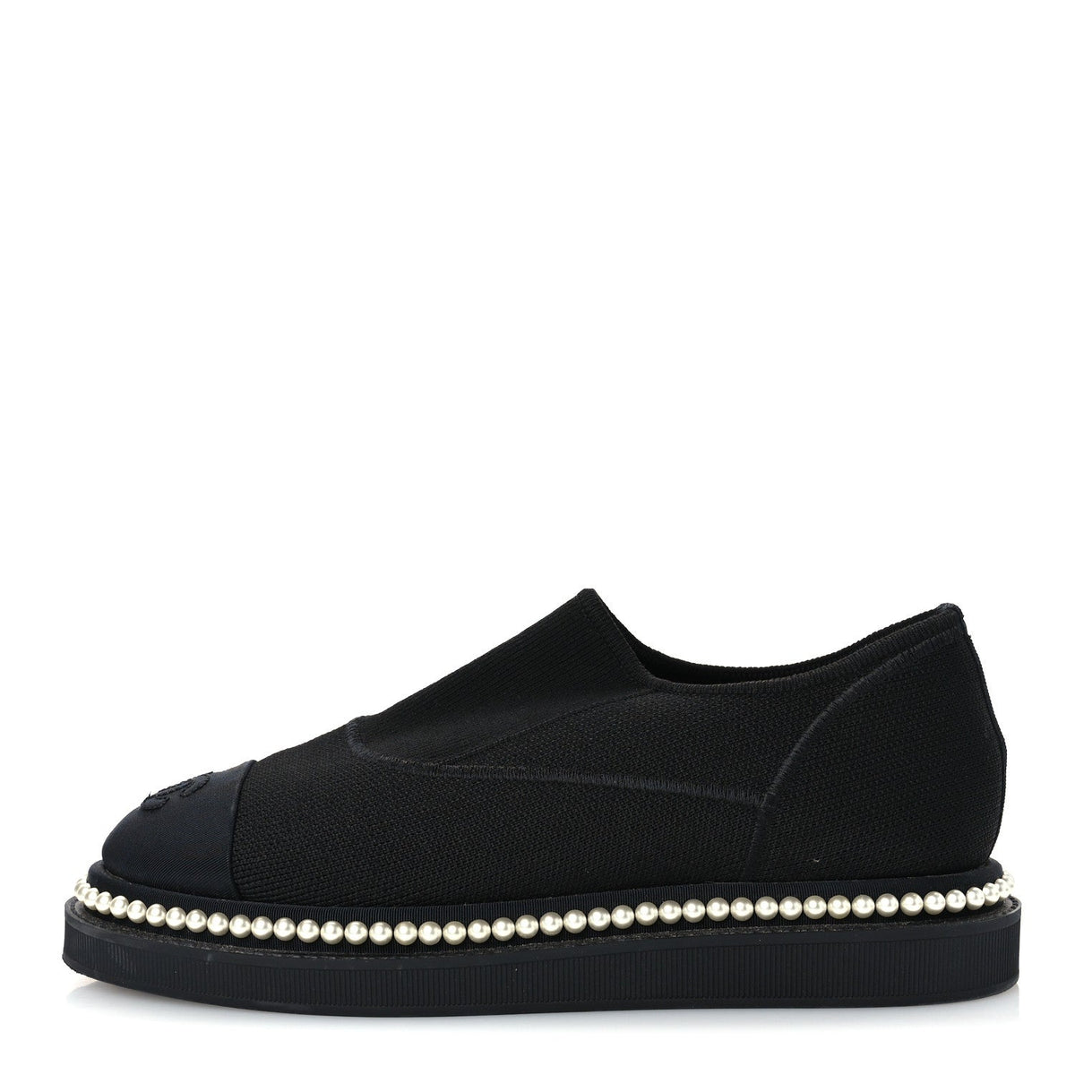 Chanel Stretch Fabric Grosgrain Women's Pearl Cap Toe CC Loafers 35.5 Black