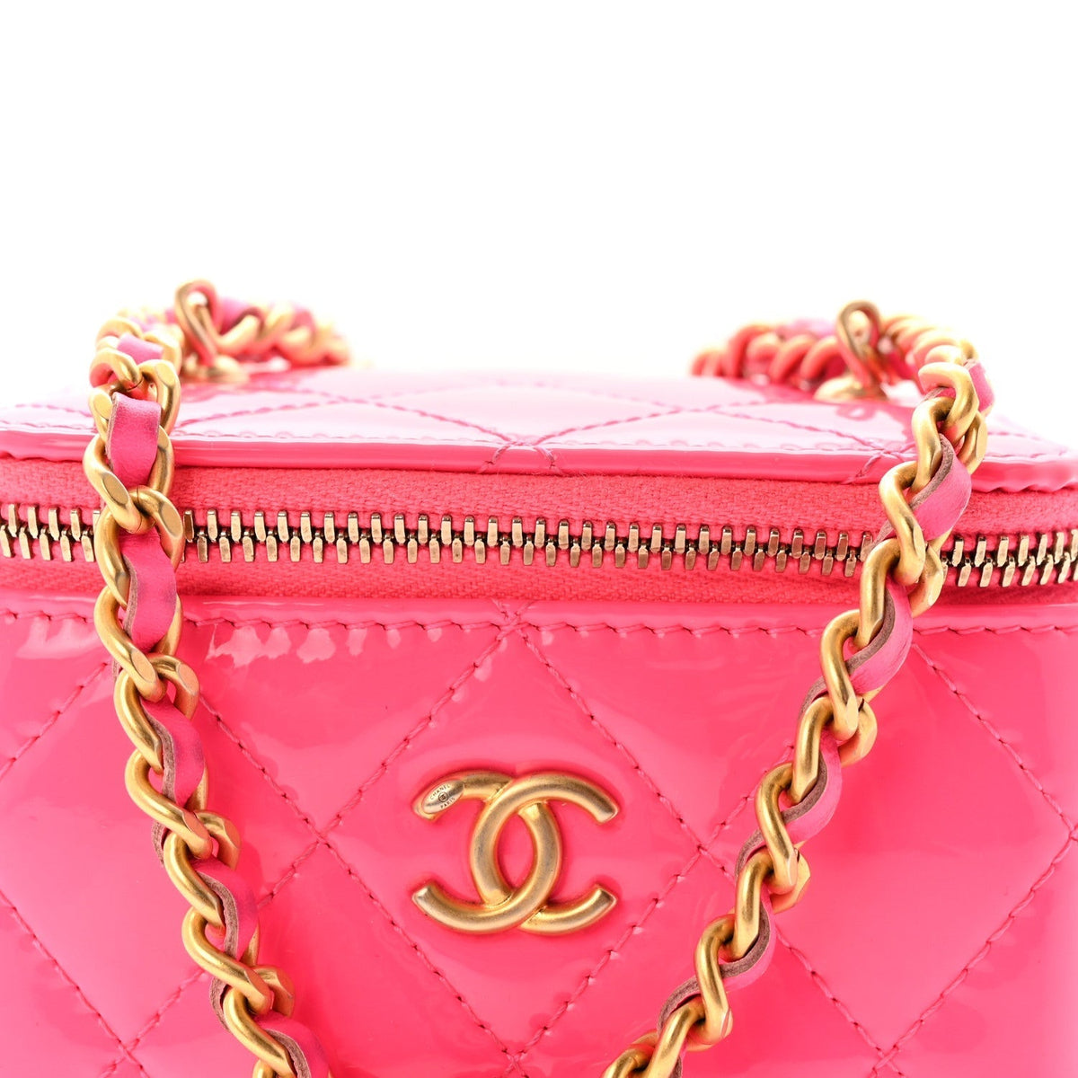 Chanel Patent Quilted Mini Pearl Crush Vanity Case Neon Pink