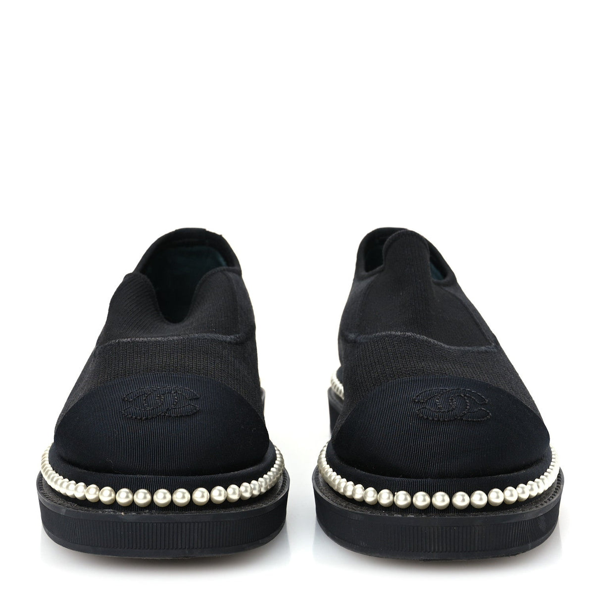 Chanel Stretch Fabric Grosgrain Women's Pearl Cap Toe CC Loafers 35.5 Black