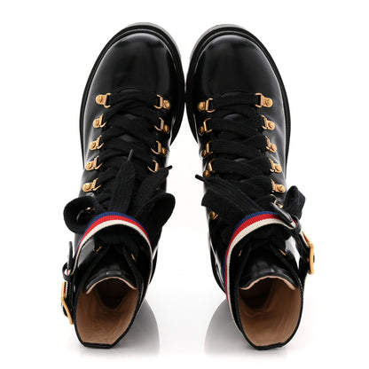 Gucci Calfskin Sylvie Web Women's Lace Up Combat Boots 38 Black