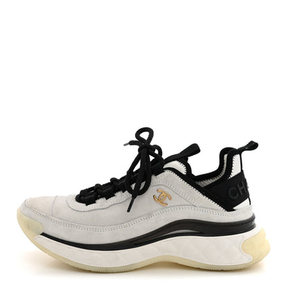 Chanel Suede Calfskin Women's Grosgrain CC Sneakers 37.5 White