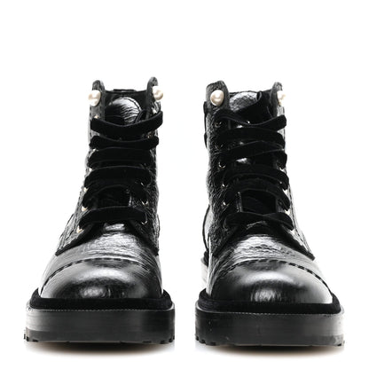 Chanel Shiny Calfskin Velvet Women's Combat Short Boots 37.5 Black