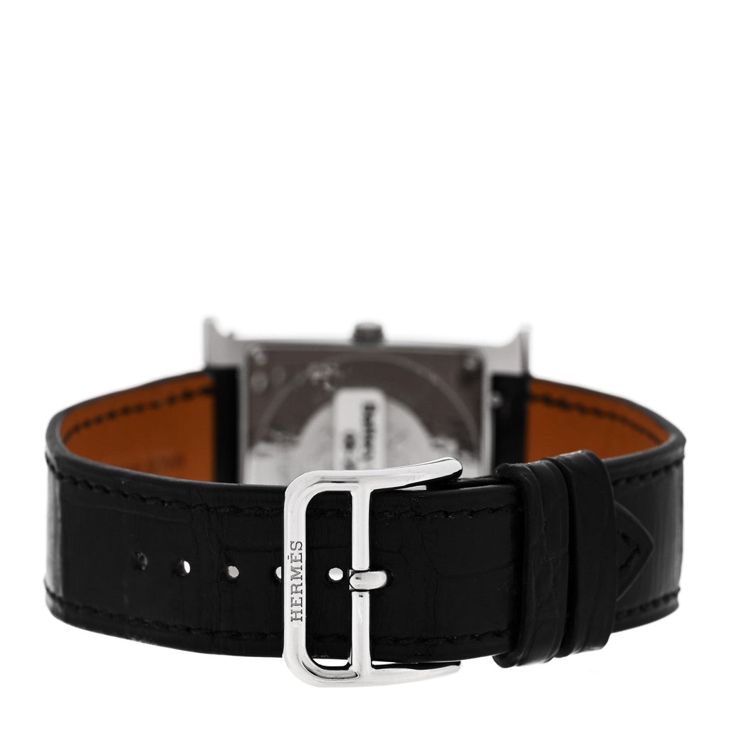Hermès Stainless Steel Alligator Diamond Mother of Pearl 26mm Heure H Watch Noir