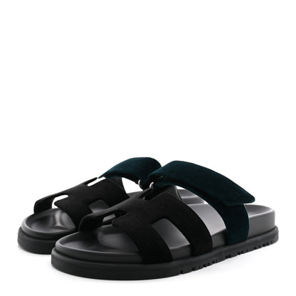 Hermes Velvet Women's Chypre Sandals 36 Black Vert Mousse